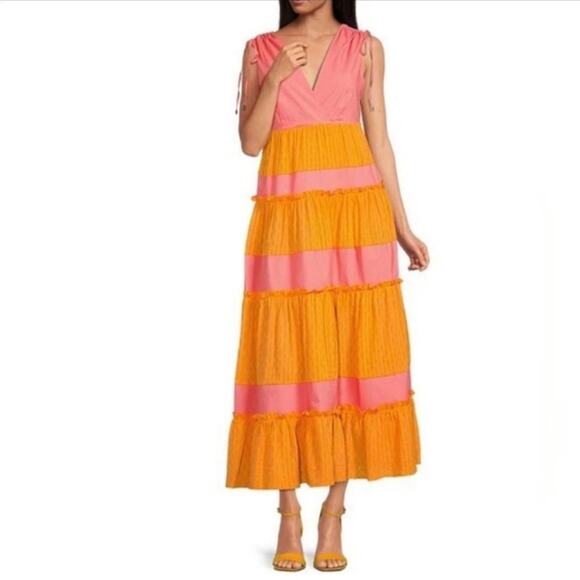 LDT Daphne Color Block Tiered Maxi Dress Coral Flamingo Size 4 NWT - Picture 1 of 7
